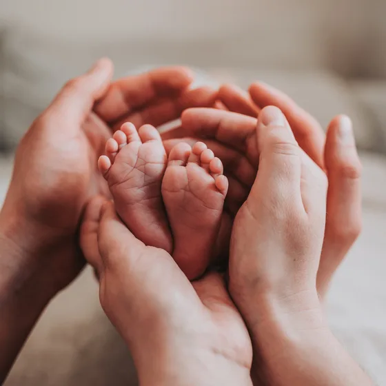 Winzige Babyfüße in den Händen der Eltern bei einem Newbornshooting zu Hause